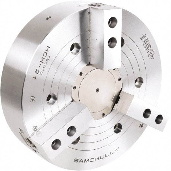 Samchully - 3 Jaw, 530mm Chuck Diam, Plain Back Mount, 140mm Through Hole Diam, Drawtube Hydraulic Power Lathe Chuck - 3mm x 60° Serrated Jaw Interface, 1,700 RPM, Steel Body - Caliber Tooling