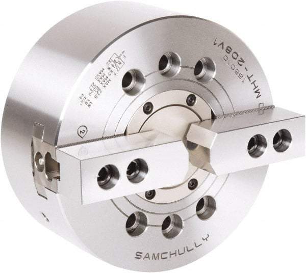 Samchully - 2 Jaw, 175mm Chuck Diam, Plain Back Mount, 52mm Through Hole Diam, Drawtube Hydraulic Power Lathe Chuck - 1.5mm x 60° Serrated Jaw Interface, 6,000 RPM, Steel Body - Caliber Tooling