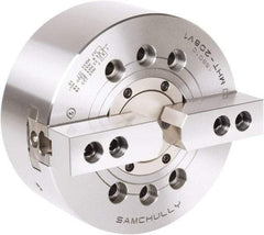 Samchully - 2 Jaw, 210mm Chuck Diam, Plain Back Mount, 66mm Through Hole Diam, Drawtube Hydraulic Power Lathe Chuck - 1.5mm x 60° Serrated Jaw Interface, 5,000 RPM, Steel Body - Caliber Tooling