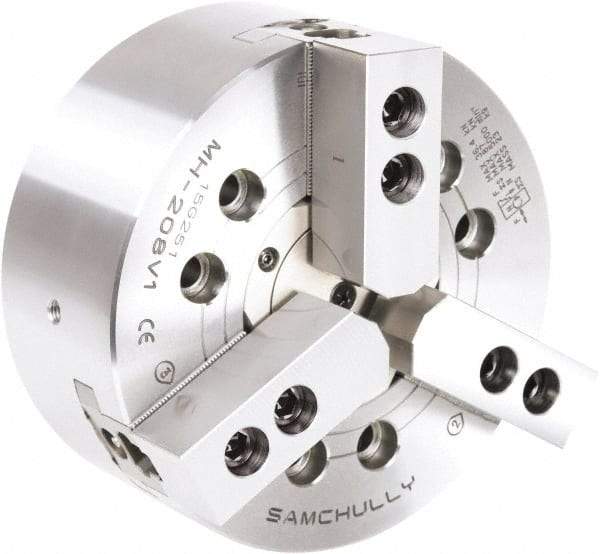 Samchully - 3 Jaw, 254mm Chuck Diam, Plain Back Mount, 82mm Through Hole Diam, Drawtube Hydraulic Power Lathe Chuck - 1.5mm x 60° Serrated Jaw Interface, 4,500 RPM, Steel Body - Caliber Tooling