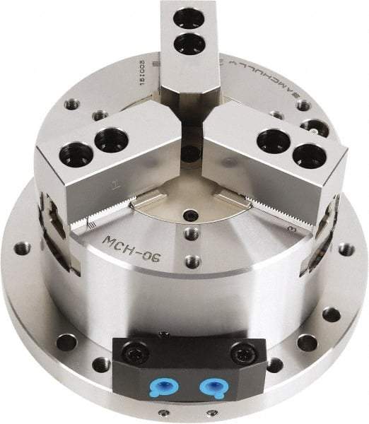 Samchully - 3 Jaw, 300mm Chuck Diam, Plain Back Mount, 0mm Through Hole Diam, Self-Contained Hydraulic Power Lathe Chuck - 1.5mm x 60° Serrated Jaw Interface, Steel Body - Caliber Tooling