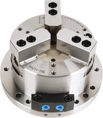 Samchully - 3 Jaw, 255mm Chuck Diam, Plain Back Mount, 0mm Through Hole Diam, Self-Contained Hydraulic Power Lathe Chuck - 1.5mm x 60° Serrated Jaw Interface, Steel Body - Caliber Tooling