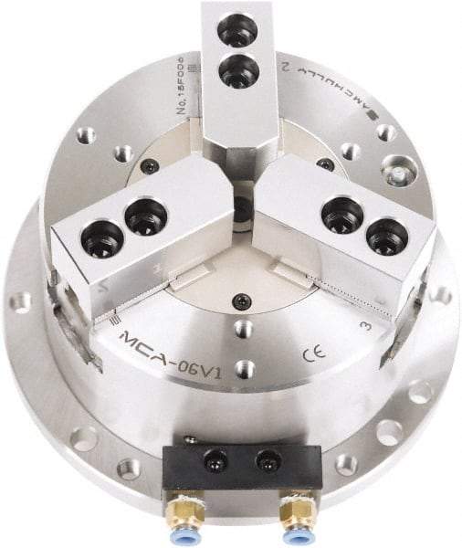 Samchully - 3 Jaw, 248mm Chuck Diam, Plain Back Mount, 0mm Through Hole Diam, Self-Contained Air Power Lathe Chuck - 1.5mm x 60° Serrated Jaw Interface, Steel Body - Caliber Tooling