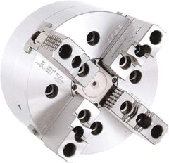 Samchully - 4 Jaw, 210mm Chuck Diam, Plain Back Mount, 0mm Through Hole Diam, Drawbar Hydraulic Power Lathe Chuck - 1.5mm x 60° Serrated Jaw Interface, 4,000 RPM, Steel Body - Caliber Tooling