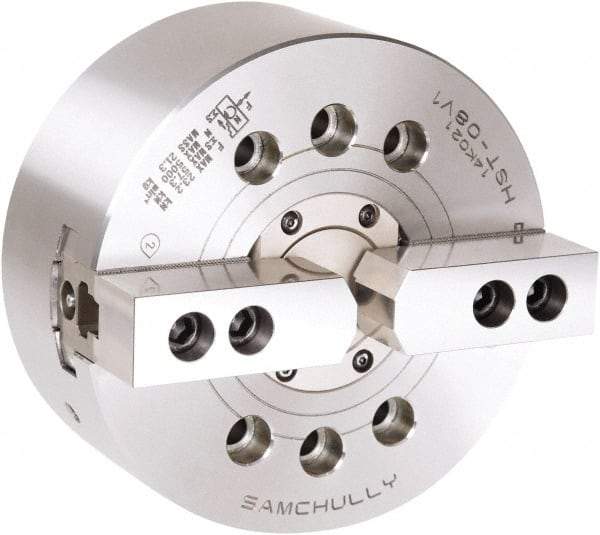 Samchully - 2 Jaw, 210mm Chuck Diam, Plain Back Mount, 52mm Through Hole Diam, Drawtube Hydraulic Power Lathe Chuck - 1.5mm x 60° Serrated Jaw Interface, 5,000 RPM, Steel Body - Caliber Tooling