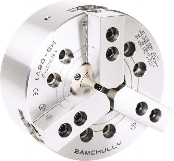 Samchully - 3 Jaw, 165mm Chuck Diam, Plain Back Mount, 46mm Through Hole Diam, Drawtube Hydraulic Power Lathe Chuck - 1.5mm x 60° Serrated Jaw Interface, 6,000 RPM, Steel Body - Caliber Tooling