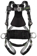 Miller - 400 Lb Capacity, Size Universal, Full Body Construction Safety Harness - Polyester (Outer) & Webbing, Side D-Ring, Quick Connect Leg Strap, Quick Connect Chest Strap, Green/Black - Caliber Tooling