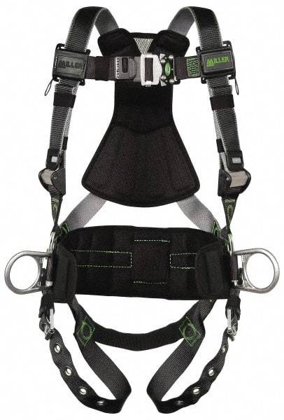 Miller - 400 Lb Capacity, Size Universal, Full Body Construction Safety Harness - Polyester (Outer) & Webbing, Side D-Ring, Tongue Leg Strap, Quick Connect Chest Strap, Green/Black - Caliber Tooling