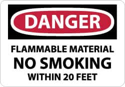 NMC - "Danger - Flammable Material - No Smoking Within 20 Feet", 10" Long x 14" Wide, Aluminum Safety Sign - Rectangle, 0.04" Thick, Use for Accident Prevention - Caliber Tooling