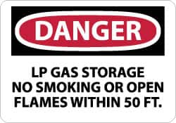 NMC - "Danger - LP Gas Storage - No Smoking or Open Flames Within 50 Ft.", 7" Long x 10" Wide, Pressure-Sensitive Vinyl Safety Sign - Rectangle, 0.004" Thick, Use for Accident Prevention - Caliber Tooling