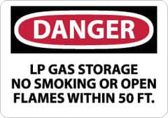 NMC - "Danger - LP Gas Storage - No Smoking or Open Flames Within 50 Ft.", 7" Long x 10" Wide, Pressure-Sensitive Vinyl Safety Sign - Rectangle, 0.004" Thick, Use for Accident Prevention - Caliber Tooling