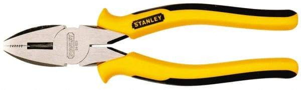 Stanley - 8-3/4" OAL, 1-31/64" Jaw Length, Side Cutting Linesman's Pliers - Serrated Jaw, Round Nose Head, TPR Handles - Caliber Tooling