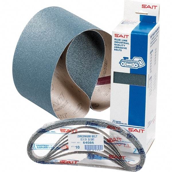 Sait - 1/4" Wide x 18" OAL, 36 FEPA Grit, Zirconia Alumina Abrasive Belt - Zirconia Alumina, Very Coarse, Coated, Y Weighted Cloth Backing, Wet/Dry, Series Z-H - Caliber Tooling