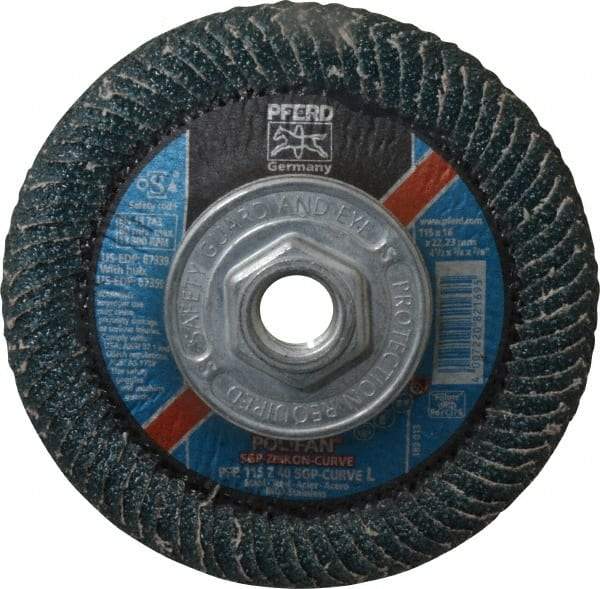 PFERD - 40 Grit 4-1/2" Diam 5/8-11 Center Hole Type 27 Zirconia Alumina Flap Disc - 13,300 Max RPM, Coated, Coarse Grade - Caliber Tooling