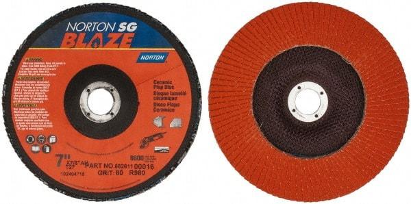 Norton - 80 Grit, 7" Disc Diam, 7/8" Center Hole, Type 27 Ceramic Flap Disc - Plastic Backing, Arbor Attaching System, Coated - Caliber Tooling