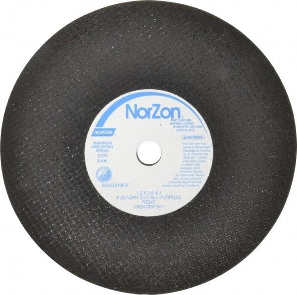 Norton - 12" Zirconia Alumina Cutoff Wheel - 1/8" Thick, 1" Arbor, 5,095 Max RPM, Use with Stationary Grinders - Caliber Tooling