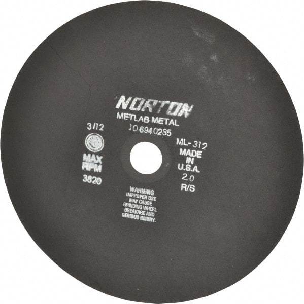 Norton - 12" Aluminum Oxide Cutoff Wheel - 0.078" Thick, 1-1/4" Arbor, 3,820 Max RPM, Use with Stationary Tools - Caliber Tooling