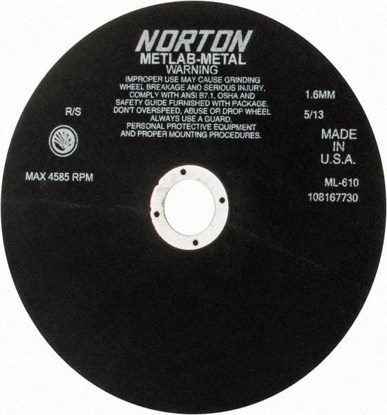 Norton - 10" Aluminum Oxide Cutoff Wheel - 0.063" Thick, 1-1/4" Arbor, 4,585 Max RPM, Use with Stationary Tools - Caliber Tooling