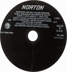 Norton - 9" Aluminum Oxide Cutoff Wheel - 0.063" Thick, 1-1/4" Arbor, 5,085 Max RPM, Use with Stationary Tools - Caliber Tooling