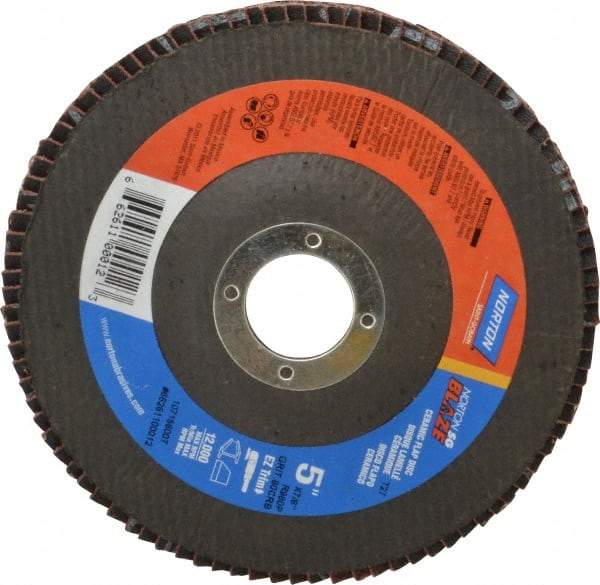 Norton - 80 Grit, 5" Disc Diam, 7/8" Center Hole, Type 27 Ceramic Flap Disc - Plastic Backing, Arbor Attaching System, Coated - Caliber Tooling