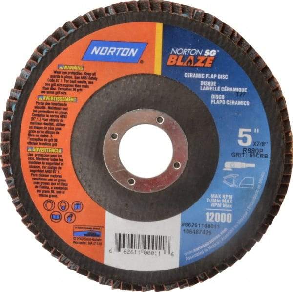 Norton - 60 Grit, 5" Disc Diam, 7/8" Center Hole, Type 27 Ceramic Flap Disc - Plastic Backing, Arbor Attaching System, Coated - Caliber Tooling