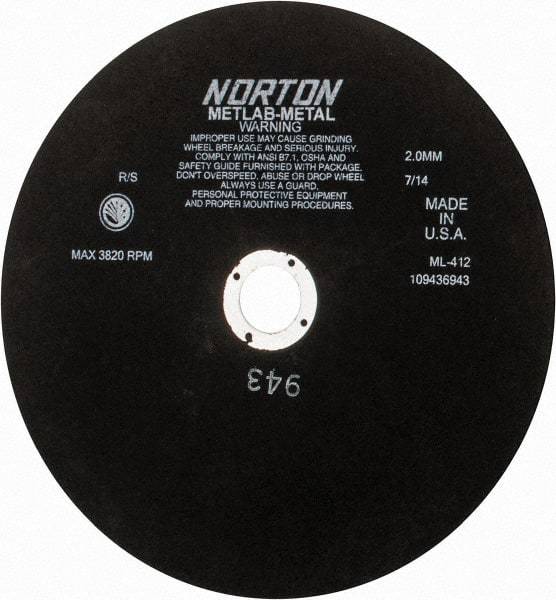 Norton - 12" Aluminum Oxide Cutoff Wheel - 0.078" Thick, 1-1/4" Arbor, 3,820 Max RPM, Use with Stationary Tools - Caliber Tooling