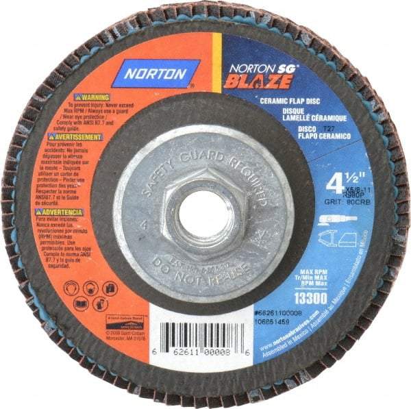 Norton - 80 Grit, 4-1/2" Disc Diam, 5/8-11 Center Hole, Type 27 Ceramic Flap Disc - Plastic Backing, Arbor Attaching System, Coated - Caliber Tooling