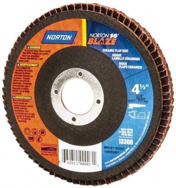 Norton - 60 Grit, 4-1/2" Disc Diam, 7/8" Center Hole, Type 27 Ceramic Flap Disc - Plastic Backing, Arbor Attaching System, Coated - Caliber Tooling