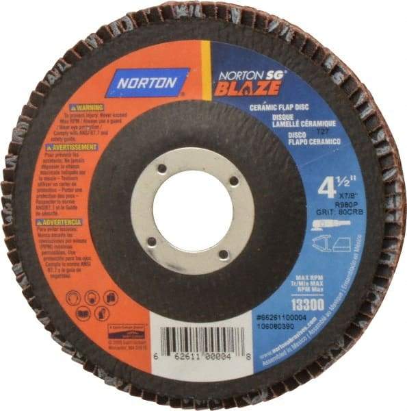 Norton - 80 Grit, 4-1/2" Disc Diam, 7/8" Center Hole, Type 27 Ceramic Flap Disc - Plastic Backing, Arbor Attaching System, Coated - Caliber Tooling