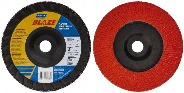 Norton - 60 Grit, 7" Disc Diam, 7/8" Center Hole, Type 27 Ceramic Flap Disc - Plastic Backing, Arbor Attaching System, Coated - Caliber Tooling