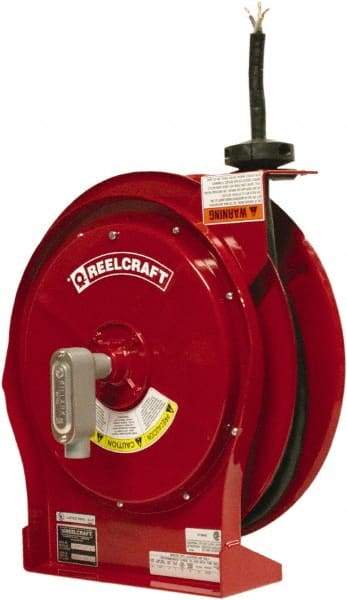 Reelcraft - 12 AWG, 50' Cable Length, Cord & Cable Reel with Flying Lead End - 0 Outlets, 16 Amps, 600 Volts, SEOOW Cable, Red Reel, Spring Driven Reel - Caliber Tooling