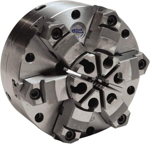 Buck Chuck Company - 6 Jaws, 10" Diam, Self Centering Manual Lathe Chuck - Plain Back Mount Spindle, Adjustable, Reversible, 1,600 Max RPM, 2-63/64" Through Hole Diam, Cast Iron - Caliber Tooling