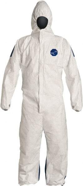 Dupont - Size XL Film Laminate General Purpose Coveralls - White/Blue, Zipper Closure, Elastic Cuffs, Elastic Ankles, Serged Seams, Hazard Level D & C - Caliber Tooling