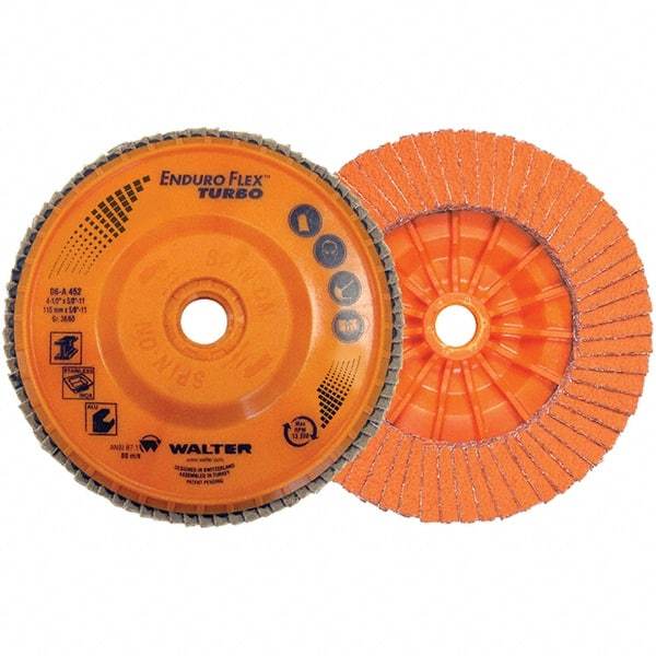 WALTER Surface Technologies - 36 & 60 Grit, 4-1/2" Disc Diam, 7/8" Center Hole, Type 27 Ceramic Flap Disc - 13,300 Max RPM, Plastic Backing, Arbor Attaching System, Coated - Caliber Tooling