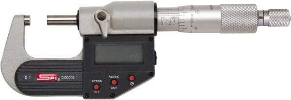 SPI - 3 to 4" Range, 0.00005" Resolution, Standard Throat IP65 Electronic Outside Micrometer - 0.0002" Accuracy, Ratchet Stop Thimble, Carbide-Tipped Face, LR44 Battery, Includes NIST Traceable Certification of Inspection - Caliber Tooling