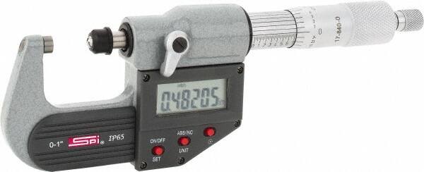 SPI - 0 to 1" Range, 0.00005" Resolution, Standard Throat IP65 Electronic Outside Micrometer - 0.0001" Accuracy, Ratchet Stop Thimble, Carbide-Tipped Face, LR44 Battery, Includes NIST Traceable Certification of Inspection - Caliber Tooling