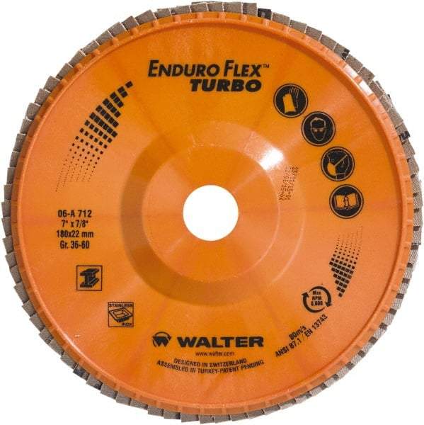 WALTER Surface Technologies - 36 & 60 Grit, 7" Disc Diam, 7/8" Center Hole, Type 27 Ceramic Flap Disc - 8,600 Max RPM, Plastic Backing, Arbor Attaching System, Coated - Caliber Tooling