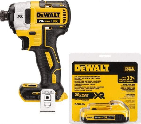 DeWALT - 20 Volt, 1/4" Drive, 20, 125, 152 Ft/Lb Torque, Cordless Impact Driver - 1000, 2800, 3250 RPM, 1 Lithium-Ion Battery Included - Caliber Tooling