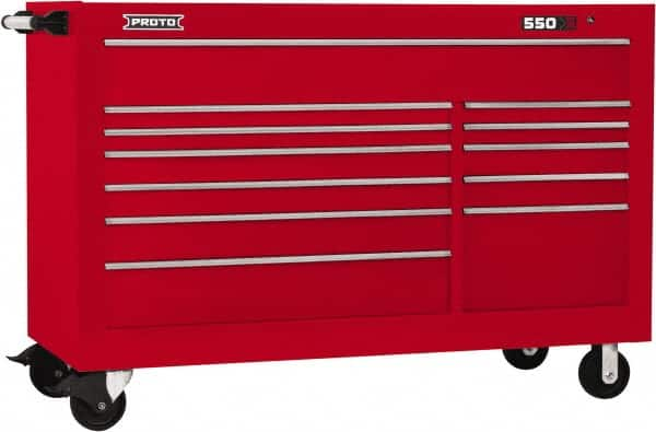 Proto - 36,455 Lb Capacity, 12 Drawer Mobile Workstation - 66" Wide x 27" Deep x 46" High, Steel, Red - Caliber Tooling