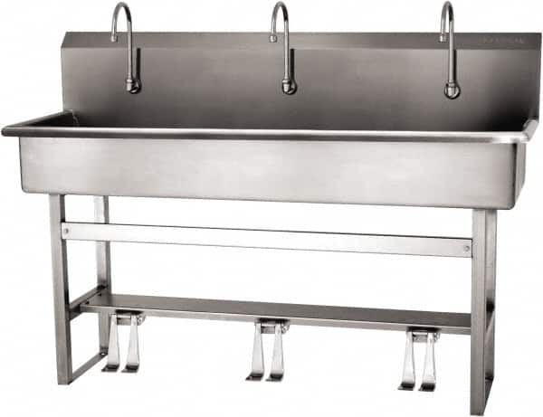 SANI-LAV - 57" Long x 16-1/2" Wide Inside, 1 Compartment, Grade 304 Stainless Steel (4) Person Wash-Station with Double Foot Valves - 16 Gauge, 60" Long x 20" Wide x 45" High Outside, 8" Deep - Caliber Tooling