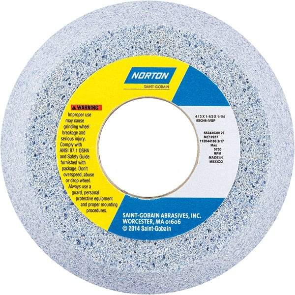 Norton - 4" Diam x 1-1/4" Hole x 1-1/2" Thick, I Hardness, 46 Grit Surface Grinding Wheel - Ceramic, Type 11, Coarse Grade, 5,730 Max RPM - Caliber Tooling