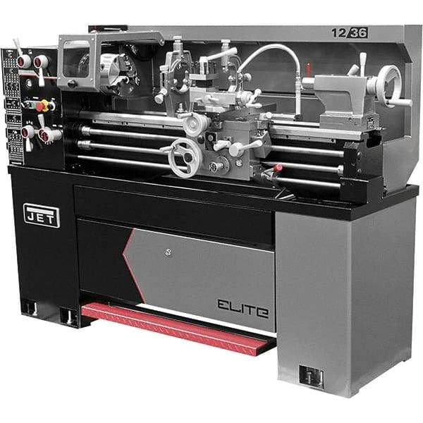 Jet - 12" Swing, 36" Between Centers, 230 Volt, Single Phase Engine Lathe - 5MT Taper, 2 hp, 40 to 2,000 RPM, 1-9/16" Bore Diam, 30" Deep x 60" High x 71" Long - Caliber Tooling