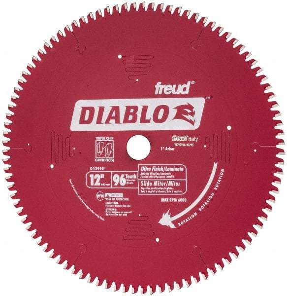 Freud - 12" Diam, 1" Arbor Hole Diam, 96 Tooth Wet & Dry Cut Saw Blade - Carbide-Tipped, Standard Round Arbor - Caliber Tooling