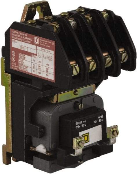 Square D - No Enclosure, 4 Pole, Electrically Held Lighting Contactor - 20 A (Tungsten), 30 A (Fluorescent), 24 VAC at 60 Hz, 4NO Contact Configuration - Caliber Tooling