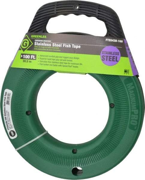 Greenlee - 100 Ft. Long x 1/8 Inch Wide, 0.045 Inch Thick, Stainless Steel Fish Tape - 400 Lb. Pulling Strength, Includes Case - Caliber Tooling