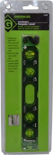 Greenlee - Magnetic 8-1/2" Long 4 Vial Torpedo Level - Aluminum, Green, 1 0°, 1 30°, 1 45° & 1 90° Vials - Caliber Tooling