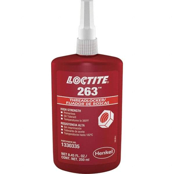 Loctite - 250 mL Bottle, Red, High Strength Liquid Threadlocker - Series 263, 24 hr Full Cure Time, Hand Tool, Heat Removal - Caliber Tooling