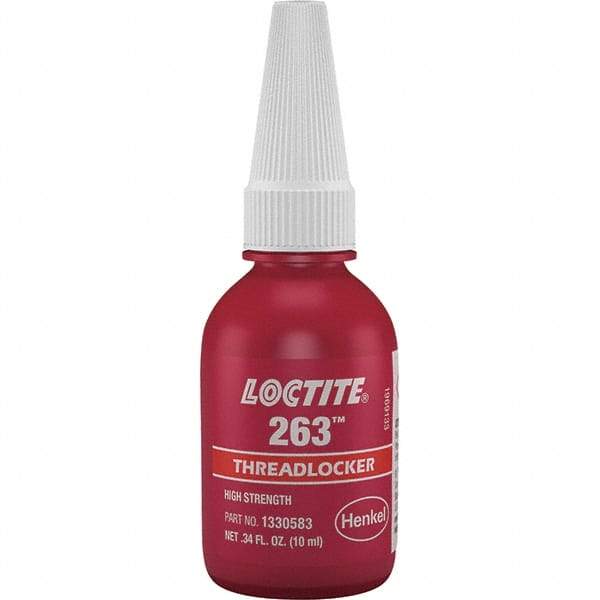 Loctite - 10 mL Bottle, Red, High Strength Liquid Threadlocker - Series 263, 24 hr Full Cure Time, Hand Tool, Heat Removal - Caliber Tooling