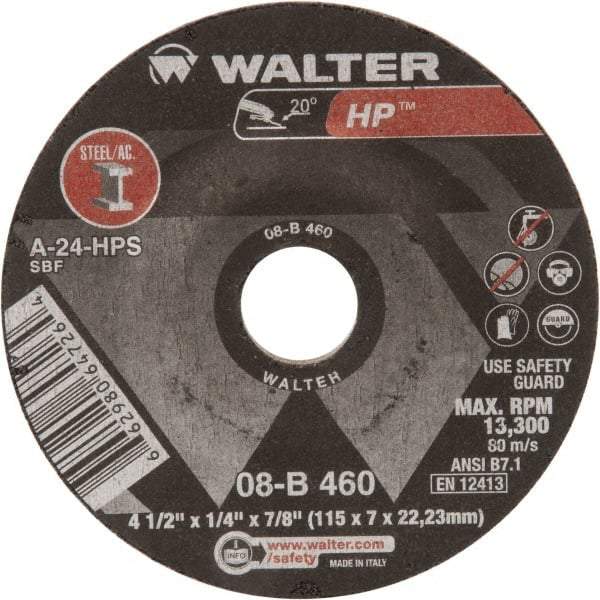 WALTER Surface Technologies - 24 Grit, 4-1/2" Wheel Diam, 1/4" Wheel Thickness, 7/8" Arbor Hole, Type 27 Depressed Center Wheel - Aluminum Oxide, 13,300 Max RPM - Caliber Tooling