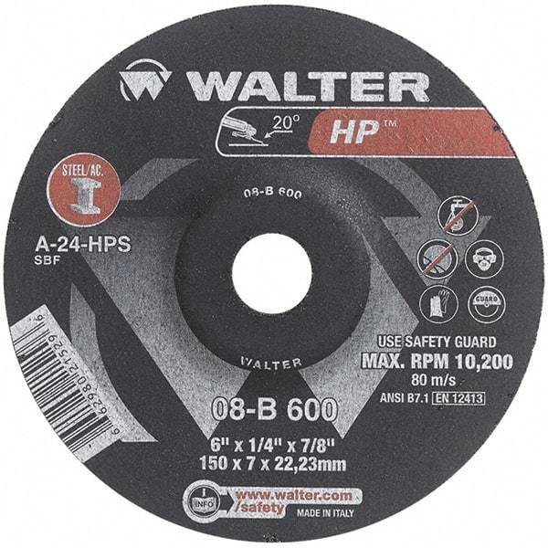 WALTER Surface Technologies - 24 Grit, 6" Wheel Diam, 1/4" Wheel Thickness, 7/8" Arbor Hole, Type 27 Depressed Center Wheel - Aluminum Oxide, Resinoid Bond, 10,200 Max RPM - Caliber Tooling